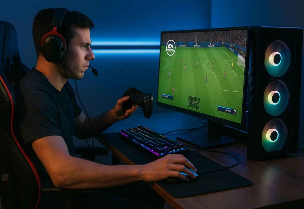 Jogador Profissional jogando FC com JoyStick no PC Gamer